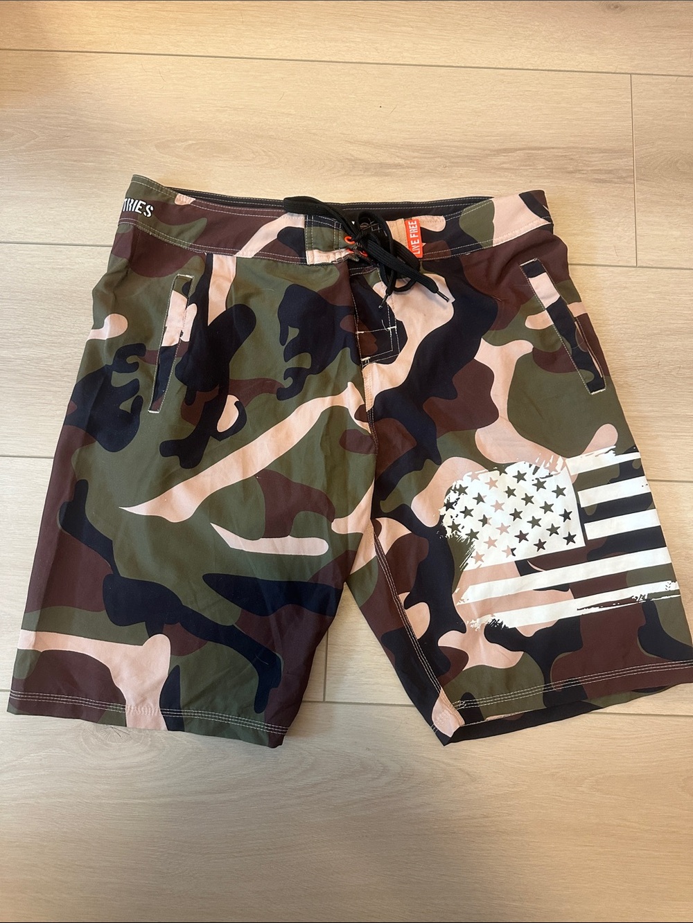 Men's Camo Swim Trunks with American Flag Accent - Olive Green
